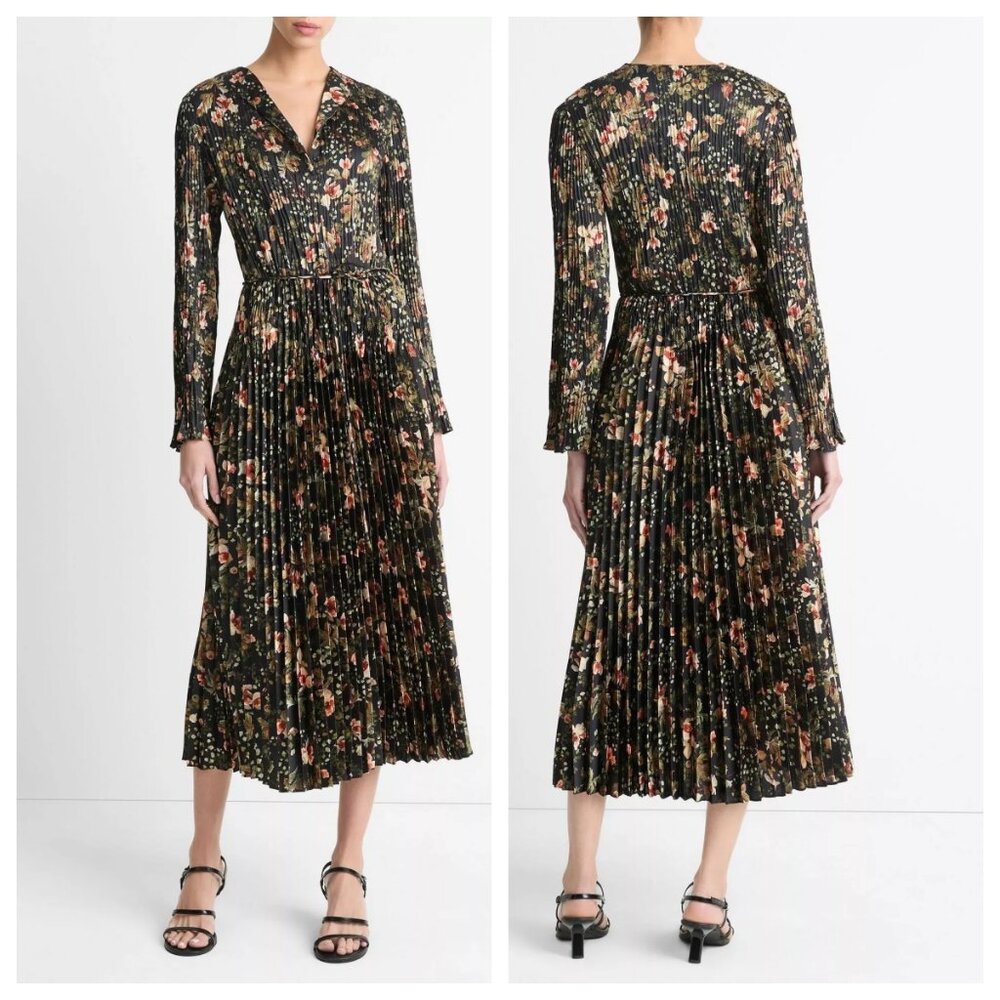 Vince Orchid Vine Pleated Satin Long-sleeve Midi Dress